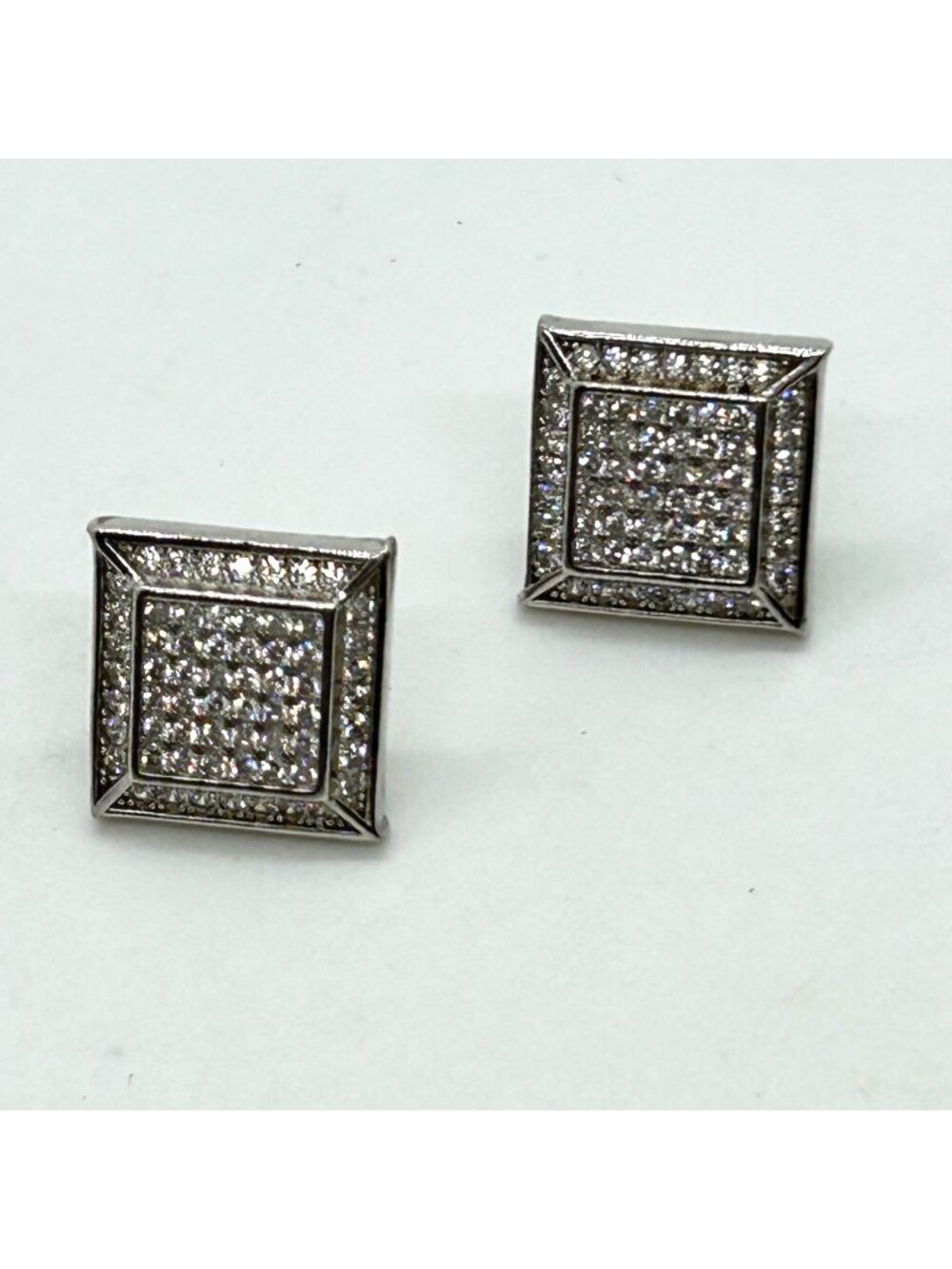 Sterling Silver Square CZ Stud Earrings Iced Out Hip Hop READ Backs Missing